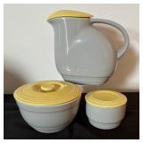 1940s American Art Deco Hall Ovenware China for General Electric Refrigerator Pitcher with Lid and Covered Dishes