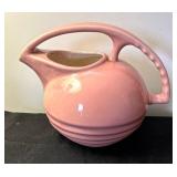 Art Deco Vintage Dusty Rose Glazed Overhead Ridged Handle Porcelain Pitcher and Two Vintage Art Deco Juice Pitchers