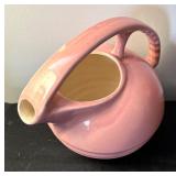 Art Deco Vintage Dusty Rose Glazed Overhead Ridged Handle Porcelain Pitcher and Two Vintage Art Deco Juice Pitchers