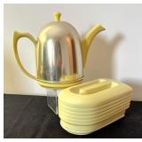Vintage Hall China Company Westinghouse Yellow Refrigerator Dish Container and Canary Yellow Teapot with Metal Cozy