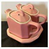 Vintage Pink Double Teapot with Under Plate and Children