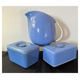 Vintage Art Deco Hall’s Superior Quality 1259 Rose Parade Blue Pitcher & Lidded Refrigerator Cheese / Butter Dishes