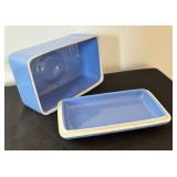 Vintage Art Deco Hall’s Superior Quality 1259 Rose Parade Blue Pitcher & Lidded Refrigerator Cheese / Butter Dishes