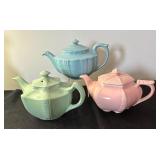 Vintage 1940s Hall Victorian Feather Plume Starfish Rose Pink Teapot and Blue Spice Birch by Hall Teapot w/ Lid and Vintage Hall Teapot Connie Celadon Sage Green 1940s Victorian Series