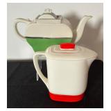 Vintage Art Deco Fraunfelter Ohio Pewter Green Slide Cover Porcelain Tea Pot & Vintage Knowles Utility Ware Teapot