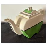 Vintage Art Deco Fraunfelter Ohio Pewter Green Slide Cover Porcelain Tea Pot & Vintage Knowles Utility Ware Teapot
