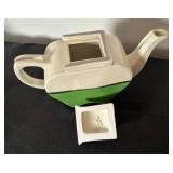 Vintage Art Deco Fraunfelter Ohio Pewter Green Slide Cover Porcelain Tea Pot & Vintage Knowles Utility Ware Teapot