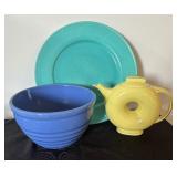 Vintage Turquoise Platter, Vintage Hall Donut Teapot and Blue Pottery Bowl