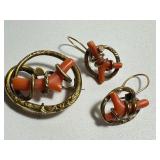 Antique Victorian Coral Branch Pin and Earrings Set