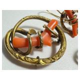 Antique Victorian Coral Branch Pin and Earrings Set