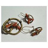 Antique Victorian Coral Branch Pin and Earrings Set