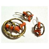 Antique Victorian Coral Branch Pin and Earrings Set