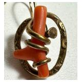 Antique Victorian Coral Branch Pin and Earrings Set