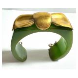 Vintage Apple Green Bakelite Bracelet with Gold Colored Bow