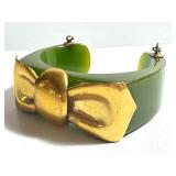 Vintage Apple Green Bakelite Bracelet with Gold Colored Bow