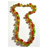 RARE Green, Yellow & Red Lucite or Celluloid Square & Round Bead Necklace / Vintage Celluloid Lime Watermelon Beaded Necklace