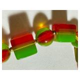 RARE Green, Yellow & Red Lucite or Celluloid Square & Round Bead Necklace / Vintage Celluloid Lime Watermelon Beaded Necklace