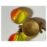 RARE Green, Yellow & Red Lucite or Celluloid Square & Round Bead Necklace / Vintage Celluloid Lime Watermelon Beaded Necklace