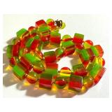 RARE Green, Yellow & Red Lucite or Celluloid Square & Round Bead Necklace / Vintage Celluloid Lime Watermelon Beaded Necklace