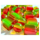 RARE Green, Yellow & Red Lucite or Celluloid Square & Round Bead Necklace / Vintage Celluloid Lime Watermelon Beaded Necklace
