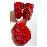Vintage Red Art Deco Carved Bakelite Cuff Bracelet and Coordinating Clip