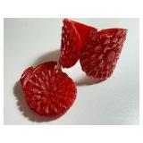Vintage Red Art Deco Carved Bakelite Cuff Bracelet and Coordinating Clip