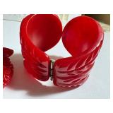 Vintage Red Art Deco Carved Bakelite Cuff Bracelet and Coordinating Clip