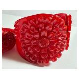 Vintage Red Art Deco Carved Bakelite Cuff Bracelet and Coordinating Clip