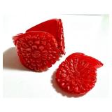 Vintage Red Art Deco Carved Bakelite Cuff Bracelet and Coordinating Clip