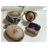 Three Vintage Rings and Two Vintage Pendants