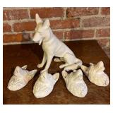 Plaster Dog Sculpture and Four Dog Motif Plaques
