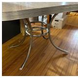 Farmhouse 1950s, Oval Formica Table, with Leaf, Gray and White Top with Chrome Pedestal Legs, Mid Century Modern Table