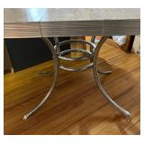 Farmhouse 1950s, Oval Formica Table, with Leaf, Gray and White Top with Chrome Pedestal Legs, Mid Century Modern Table