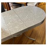 Farmhouse 1950s, Oval Formica Table, with Leaf, Gray and White Top with Chrome Pedestal Legs, Mid Century Modern Table