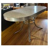 Farmhouse 1950s, Oval Formica Table, with Leaf, Gray and White Top with Chrome Pedestal Legs, Mid Century Modern Table