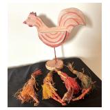 Wooden Folk Art Chicken Figurine and Straw Figurines