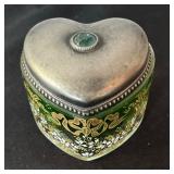 Vintage Heart Motif Hand Painted Glass Trinket Dish