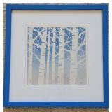 Framed Blue Birch Watercolor Pointelism Print Artist Signed