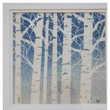 Framed Blue Birch Watercolor Pointelism Print Artist Signed
