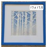 Framed Blue Birch Watercolor Pointelism Print Artist Signed
