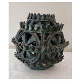 MCM Blue Glaze Terracotta Pou Openwork Vessel, as