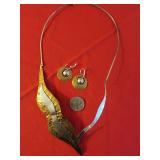 Vintage Hammered Brass and Silver Collar & Earrings