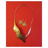 Vintage Hammered Brass and Silver Collar & Earrings