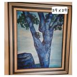 Original Oil Framed Blue Tree Artwork
