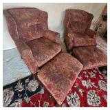 Handsome Wingback Armchairs & Ottomans with Floral Upholstery