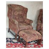 Handsome Wingback Armchairs & Ottomans with Floral Upholstery