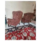 Handsome Wingback Armchairs & Ottomans with Floral Upholstery