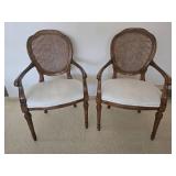 Vintage Bombay Company Caned Back Pearl Upholstered Carved Accent Chair Pair