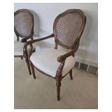 Vintage Bombay Company Caned Back Pearl Upholstered Carved Accent Chair Pair