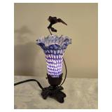Adorable Blue Stained Glass Tulip Lamp with Playful Brass Hummingbird Accent